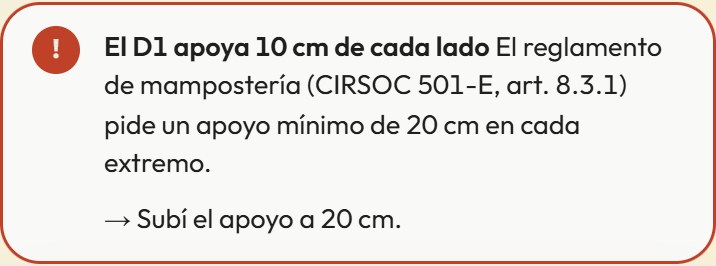 Aviso de la app: el dintel apoya 10 cm de cada lado y el reglamento CIRSOC 501-E pide 20 cm como mínimo