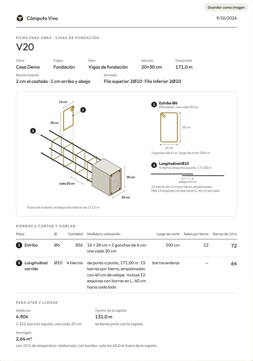 Ficha para obra de la viga V20
