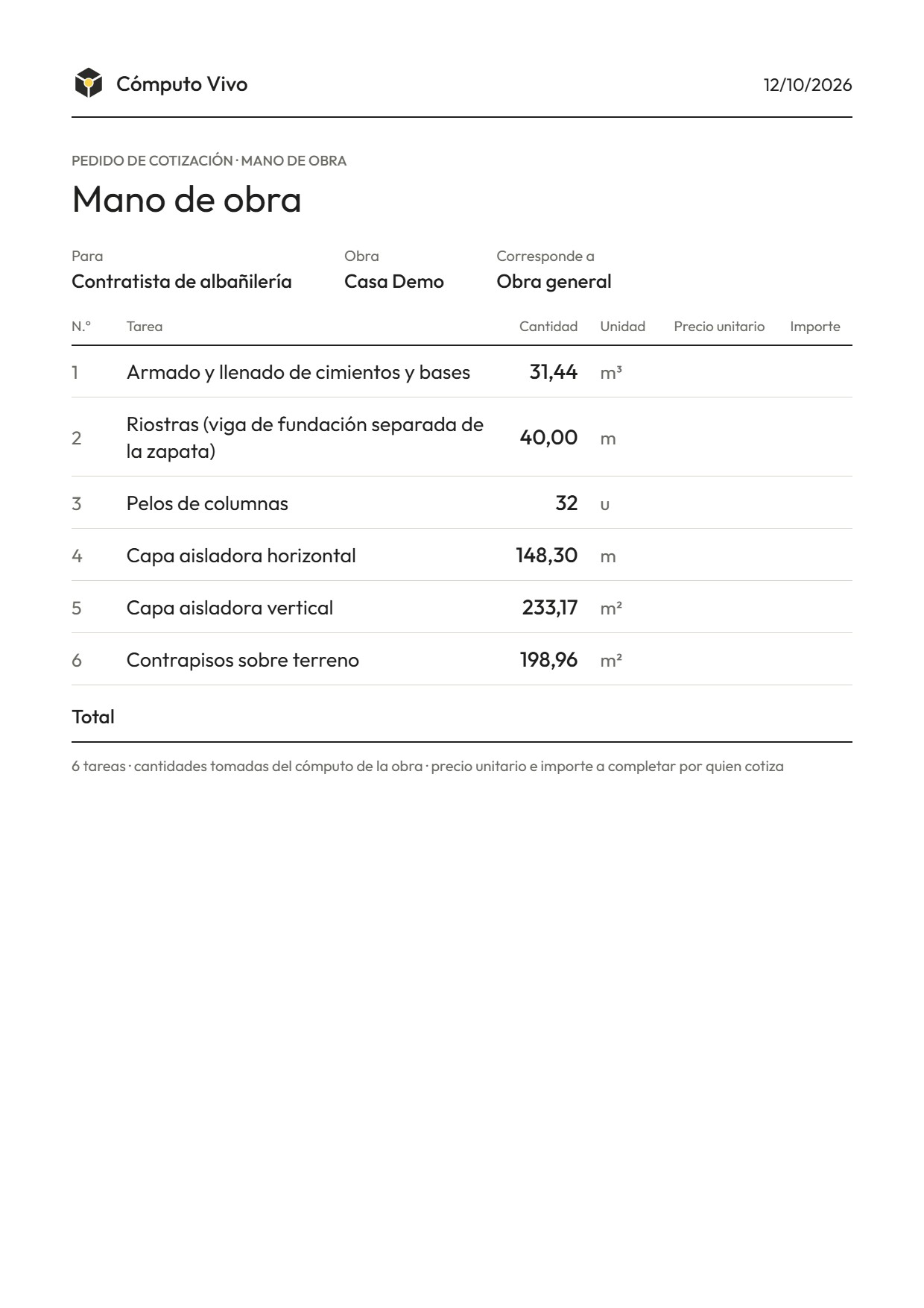 La hoja del pliego de tareas tal como sale en el PDF, con precio unitario e importe en blanco