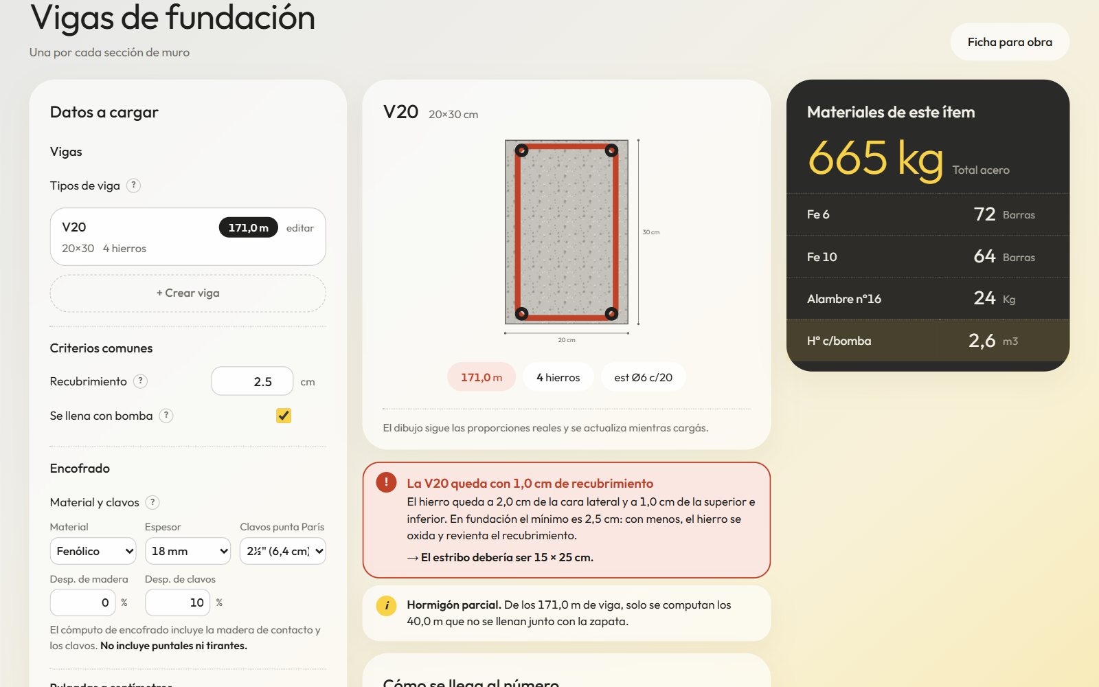 Vigas de fundación en la app: el dibujo de la sección, los materiales y un aviso de recubrimiento